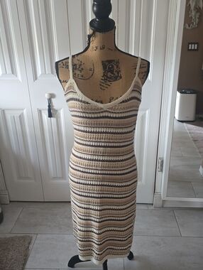 Olive & Oak Striped Knit Spaghetti-Strap Midi Dress in Cream, Tan & Brown
